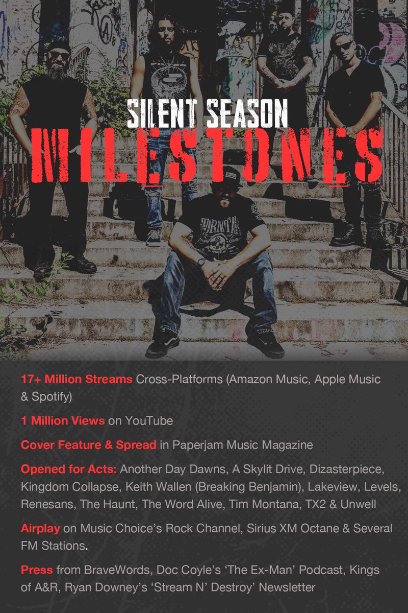 silentseason's tweet photo. @silentseason | Recent Milestones | Keep Building 💪🏼 #silentseason #silentseasonarmy #milestones #active #busy #kingsofar #bravewords #liveperformances #radio #siriusxm #octane #musichoice #paperjammagazine #streams #youtube #exmanpodcast #streamndestroy #successes #rock #letsgo https://t.co/hZRSvjZ9fD