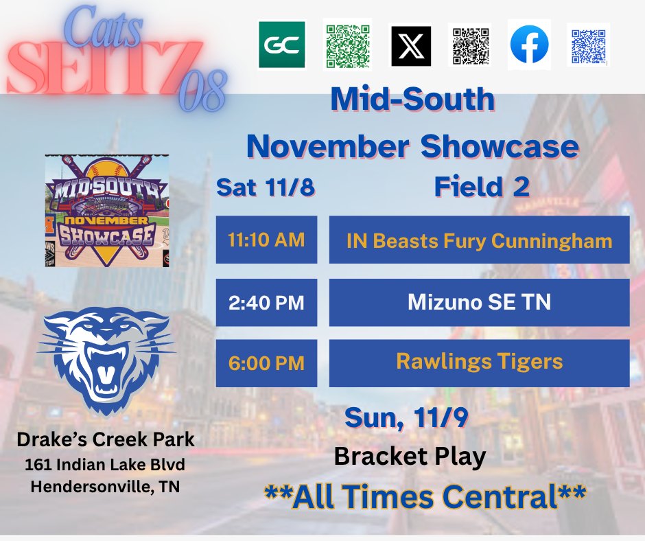 🎶 Nashville bound!

Catch Cats Seitz08 at the Mid-South Showcase this Sat &amp; Sun💥
Sat, 11/8
🕚 11:10 – IN Beats Fury
🕝 2:40 – Mizuno SE TN
🕕 6:00 – Rawlings Tigers
Sun, 11/9 - Bracket Play based on seeding

Let’s go, Cats!
