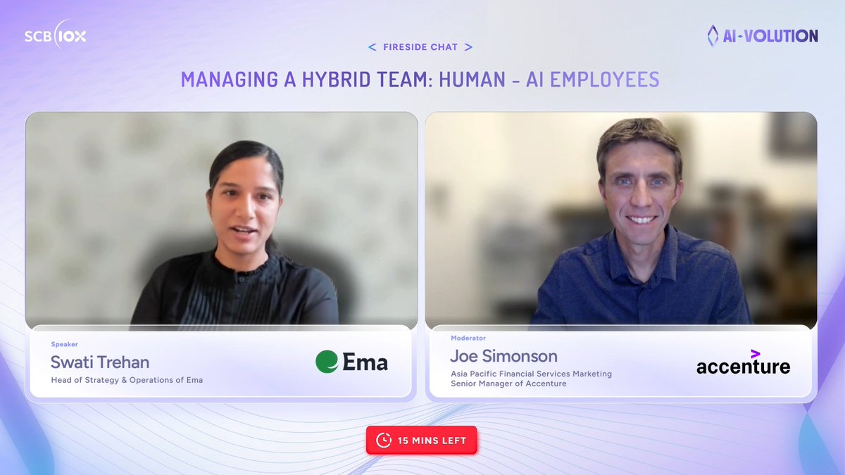 SCB10X_OFFICIAL's tweet image. Key Highlights #AIVOLUTION

Session: The fireside chat session &quot;Managing a Hybrid Team: Human – AI Employees
Swati Trehan of @Ema_Unlimited &amp;amp; Joe Simonson of @Accenture

See thread👇