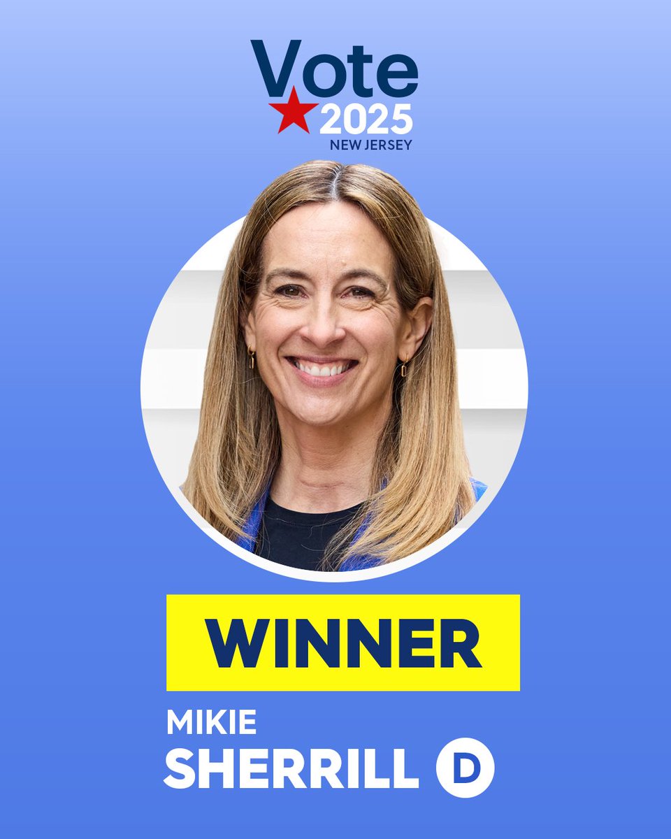 BREAKING NEWS 🇺🇸 Democratic Rep. Mikie Sherrill wins New Jersey governor’s race.

READ MORE: bit.ly/3X8QQEm

#News12NJ #Vote2025