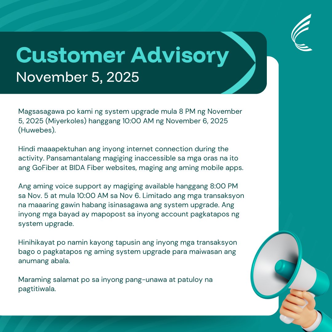 ConvergeSupport's tweet image. May system upgrade po mula 8 PM mamaya hanggang 10 AM bukas. Hindi maapektuhan ang inyong internet connection. Pansamantalang magiging inaccessible ang ilang channels at limitado ang transactions na maaring i-process habang isinasagawa ang system upgrade.