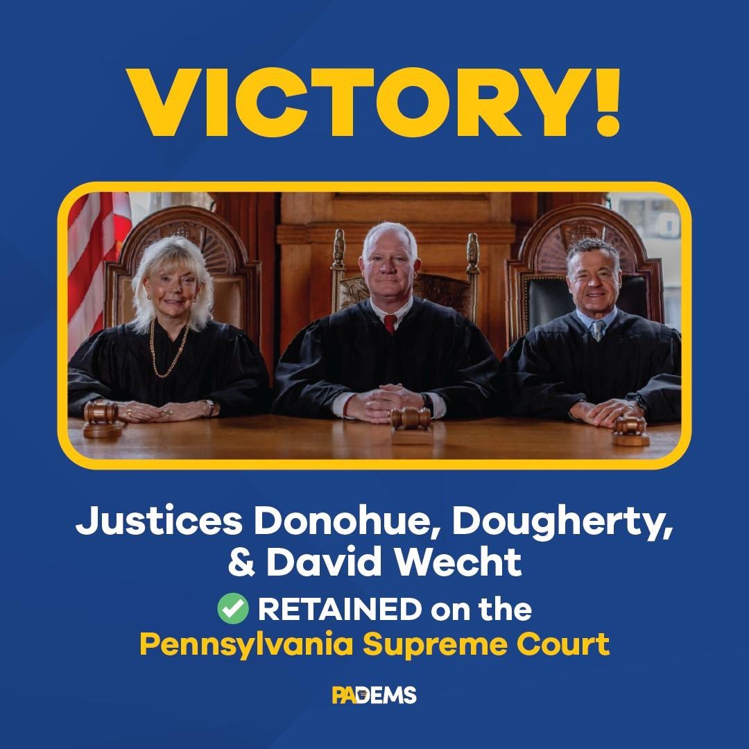 Tonight Pennsylvania voters stood up for our freedoms and protected our independent courts. 

Congratulations to Justices Donohue, Dougherty, and Wecht on their wins tonight! 👏
