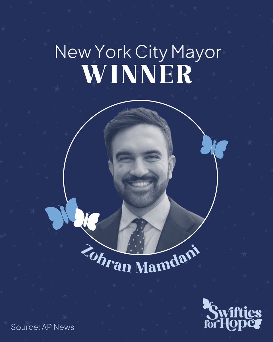 Swifties4Hope's tweet photo. We get mystified by how this city screams your name 🗽💙☑️ 

Congrats, @ZohranKMamdani, on becoming New York City’s next mayor! https://t.co/iDWaeg5PQg