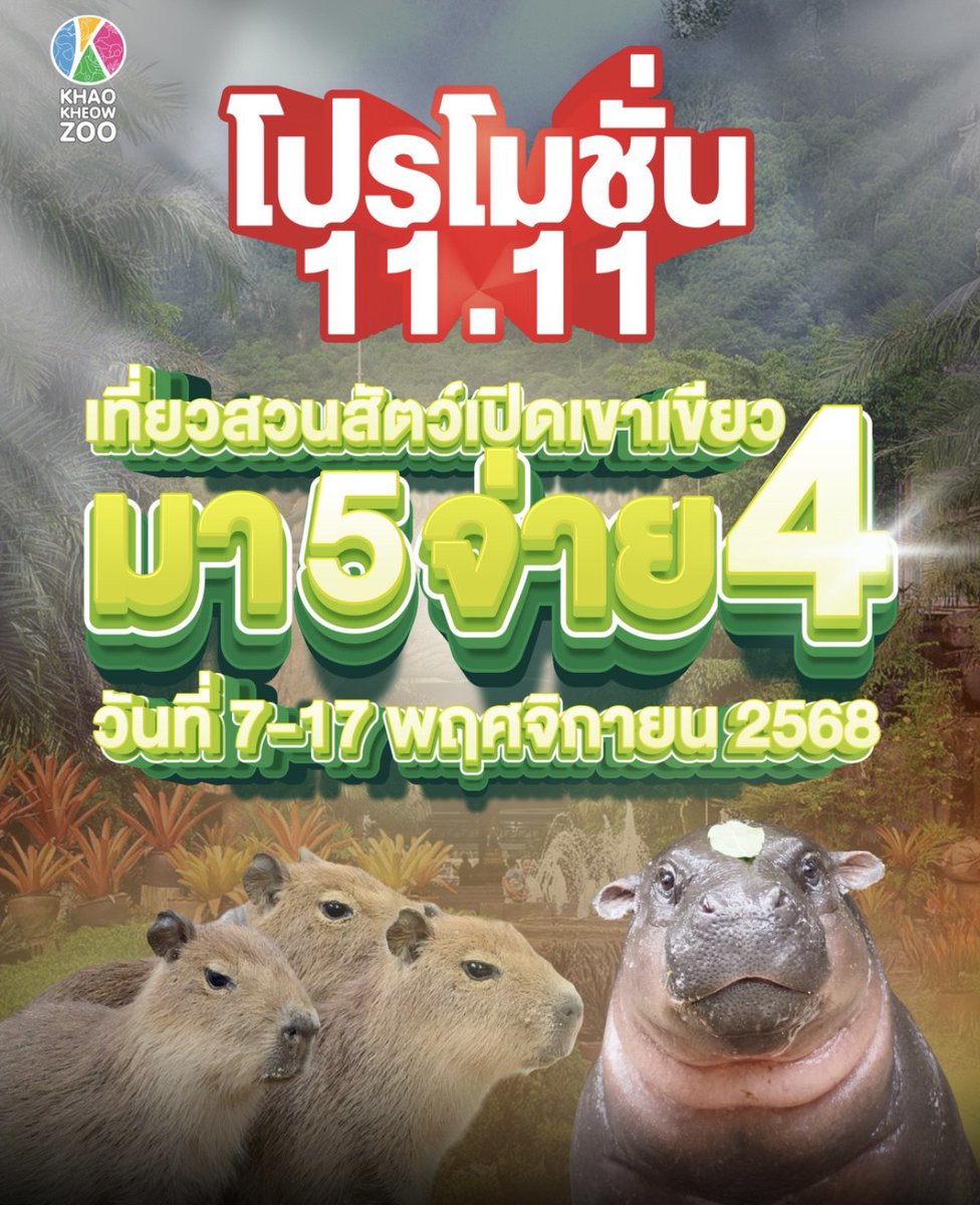 🦒🦓🐘 โปร 11.11! ชวนกันมาเที่ยวสวนสัตว์เปิดเขาเขียว! 🐘🦓🦒 ไม่ได้มีแค่คาปิบาราและฮิปโปแคระนะ! ที่นี่มีสัตว์น่ารักและกิจกรรมสนุกๆ รอคุณอีกเพียบ!
มา 5 คน จ่ายแค่ 4 คน! คุ้มสุดๆ สำหรับทริปครอบครัว หรือเพื่อนซี้! สัมผัสประสบการณ์ใกล้ชิดกับยีราฟ ม้าลาย และอีกหลากหลายสายพันธุ์
🗓️