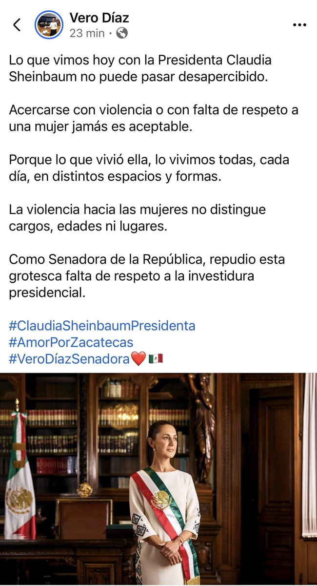 Lo que vimos hoy con la Presidenta <a href="/Claudiashein/">Claudia Sheinbaum Pardo</a> no puede pasar desapercibido.
Acercarse con violencia o falta de respeto a una mujer jamás es aceptable. Lo que ella vivió, lo vivimos todas, cada día, en distintos espacios y formas.
#NoMásViolencia #Respeto