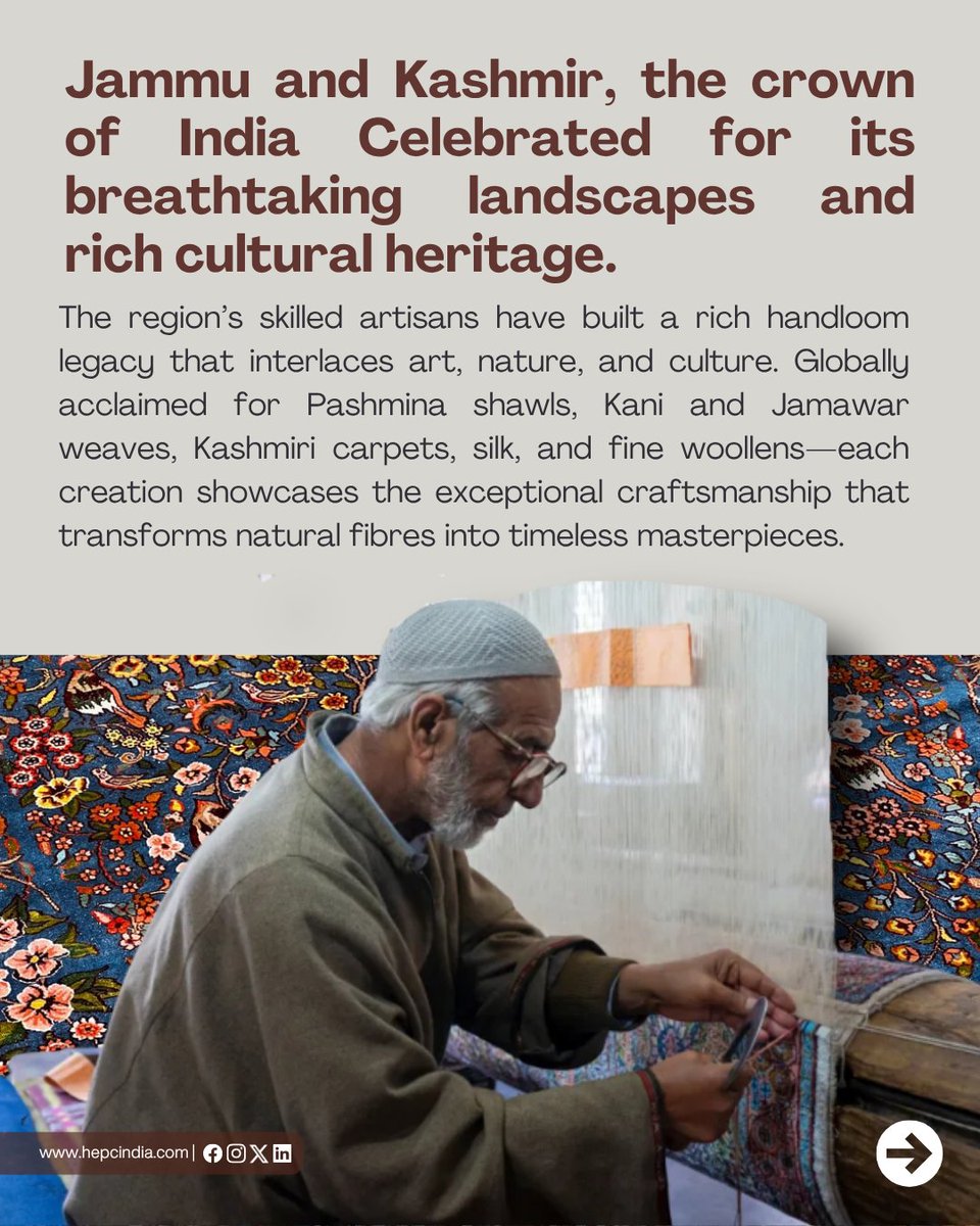 HEPC_India's tweet photo. Jammu &amp; Kashmir — The crown of Indian handlooms. From Pashmina to Kani, every weave embodies timeless craftsmanship and cultural elegance

#MyHandloomMyPride #HEPCIndia #HandloomExport #Vocal4Local https://t.co/y9uifA2rzF
