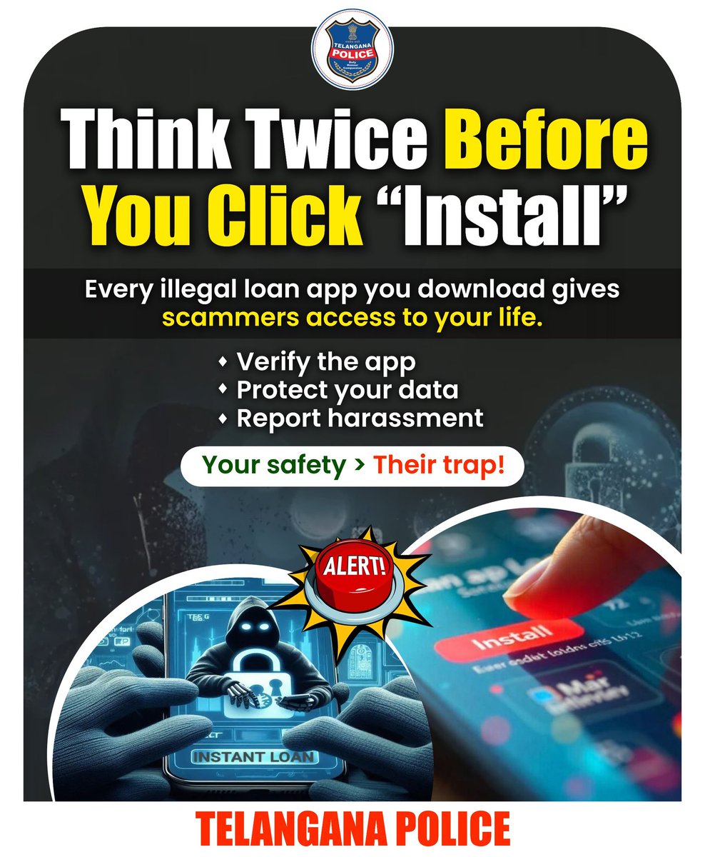 TelanganaCOPs's tweet photo. Before you hit Install, remember, one wrong click can open the door to scammers, data theft, and harassment.

Stay alert, stay safe, and always verify before you download.

#ThinkBeforeYouInstall #CyberSafety #TelanganaPolice #OnlineScamAlert #CyberSecurity https://t.co/QKs0jHnyQ0