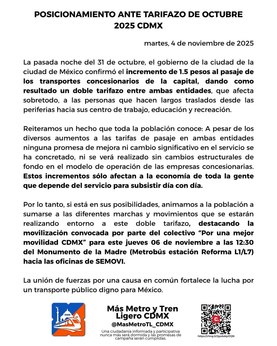 Posicionamiento de nuestro colectivo <a href="/MasMetroTL_CDMX/">Más Metro y Tren Ligero CDMX</a> con respecto al tarifazo ocurrido en CDMX
#NoAlTarifazoCDMX