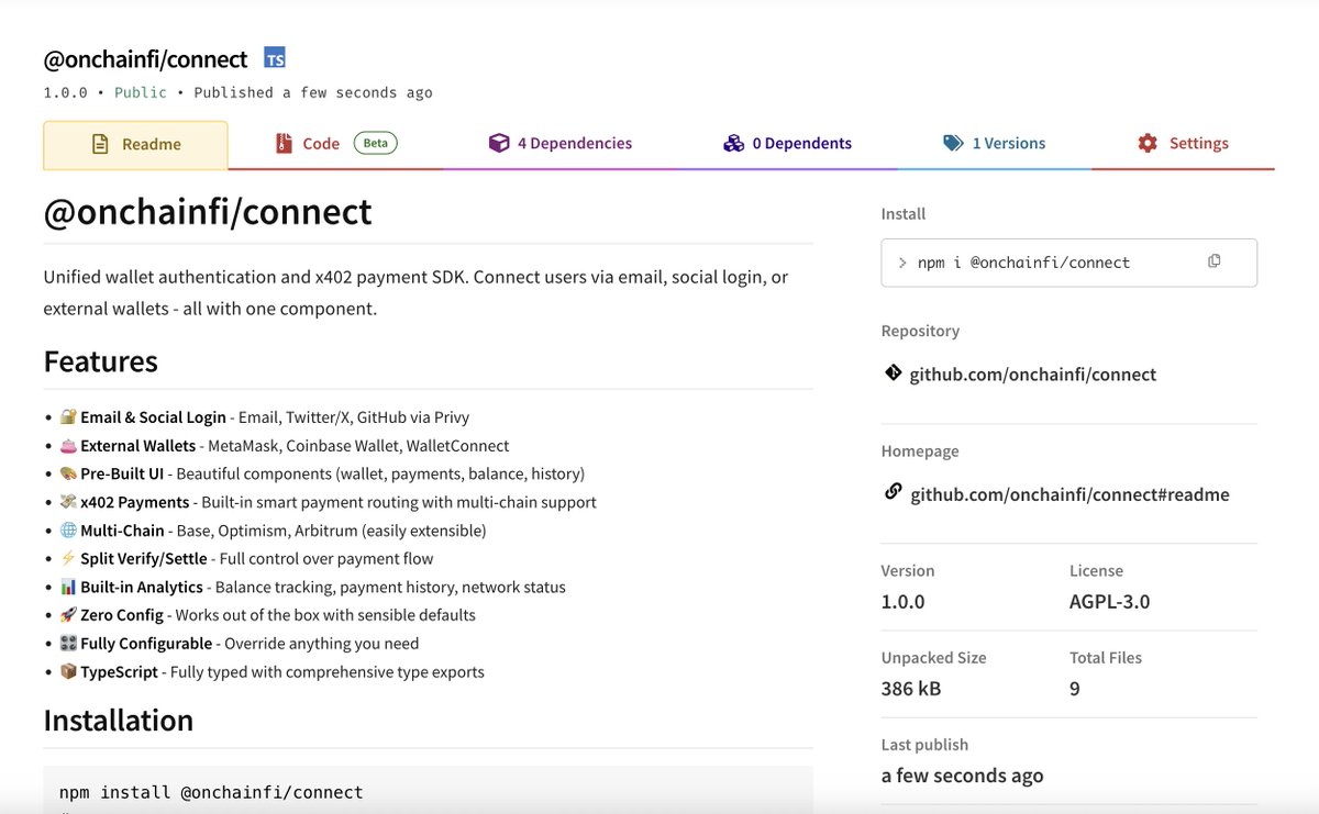 We just shipped the v1 of Onchain Connect - the first wallet sdk that combines X402 and <a href="/privy_io/">Privy</a>.

✅ X402 removes wallet signing
✅ Privy removes wallet creation

The journey towards making onchain payments truly feel like magic.

devs: github .com/onchainfi/connect