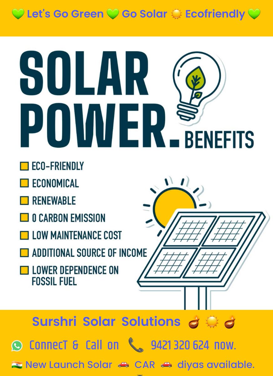 surshrisolar's tweet image. We at #SurshriSolarSolutions are committed towards harnessing free &amp;amp; abundant renewable energy available to us : #SUN 🌞

Ours is an #GreenTech organization with sole aim of marketing these products &amp;amp; in creating awareness for its usage.

#SolarDeepmaal #gurunanakdevji 
#Diyas