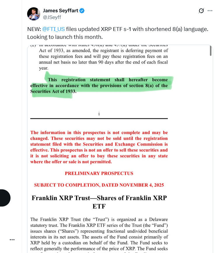 thecryptobasic's tweet photo. The $XRP ETF race is heating up.

🚨 Franklin Templeton updates its XRP ETF filing!

The firm submitted Amendment No. 2 to its Form S-1, removing the 8(a) language that could delay approval

Bloomberg ETF Analyst signals Franklin Templeton XRP ETF launch Could be this Month.

So far Canary Funds, Bitwise Invest and now
Franklin Templeton updated their XRP S-1s.