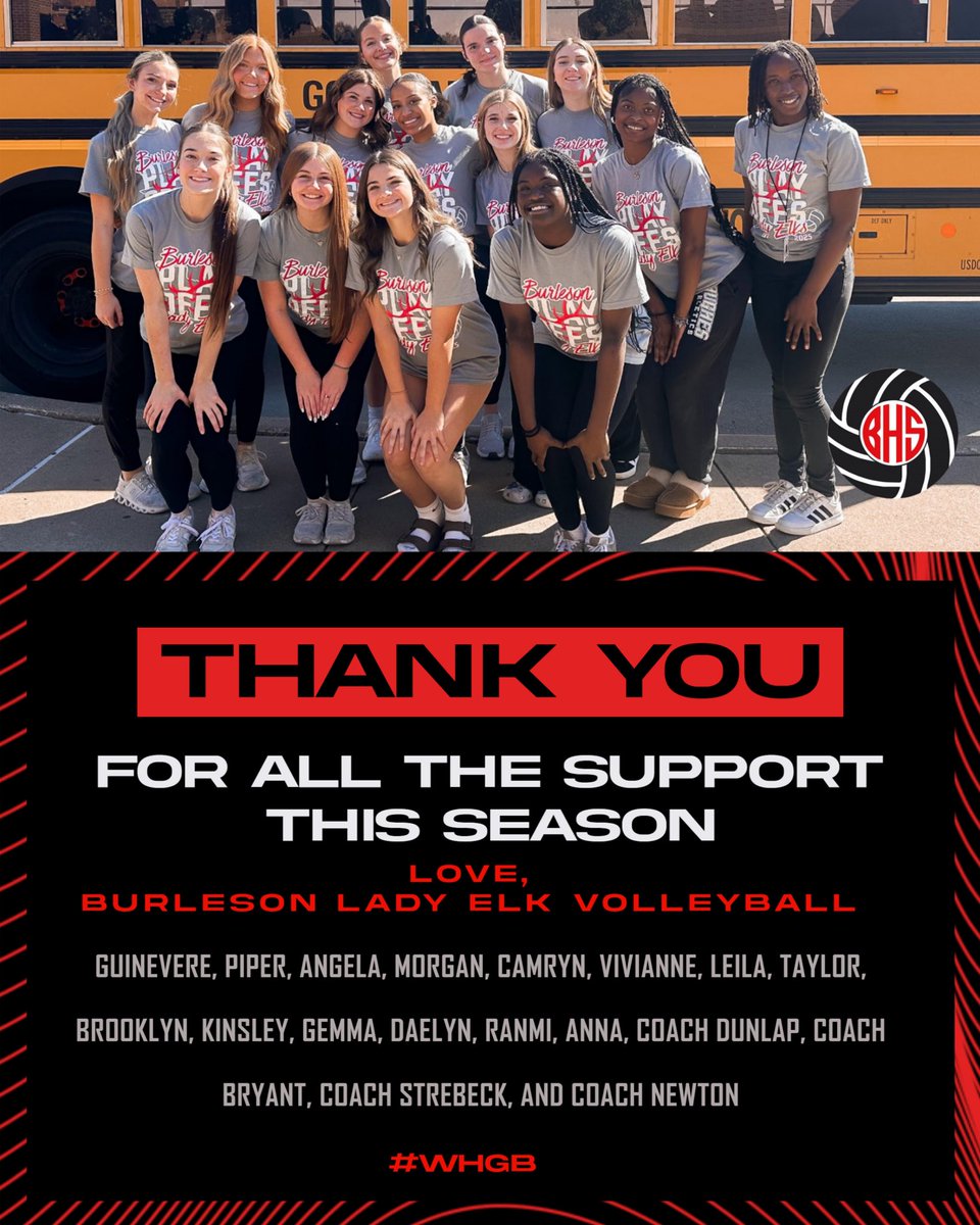 Thank you to our families, fans, cheerleaders, strutters, coaches, administrators, teachers, and our whole support system on your love and support this year! It’s been a great season and we are proud of our Lady Elks! #WHGB 

🏐2nd place in district 8-5A
🏐Bi-District Champs
