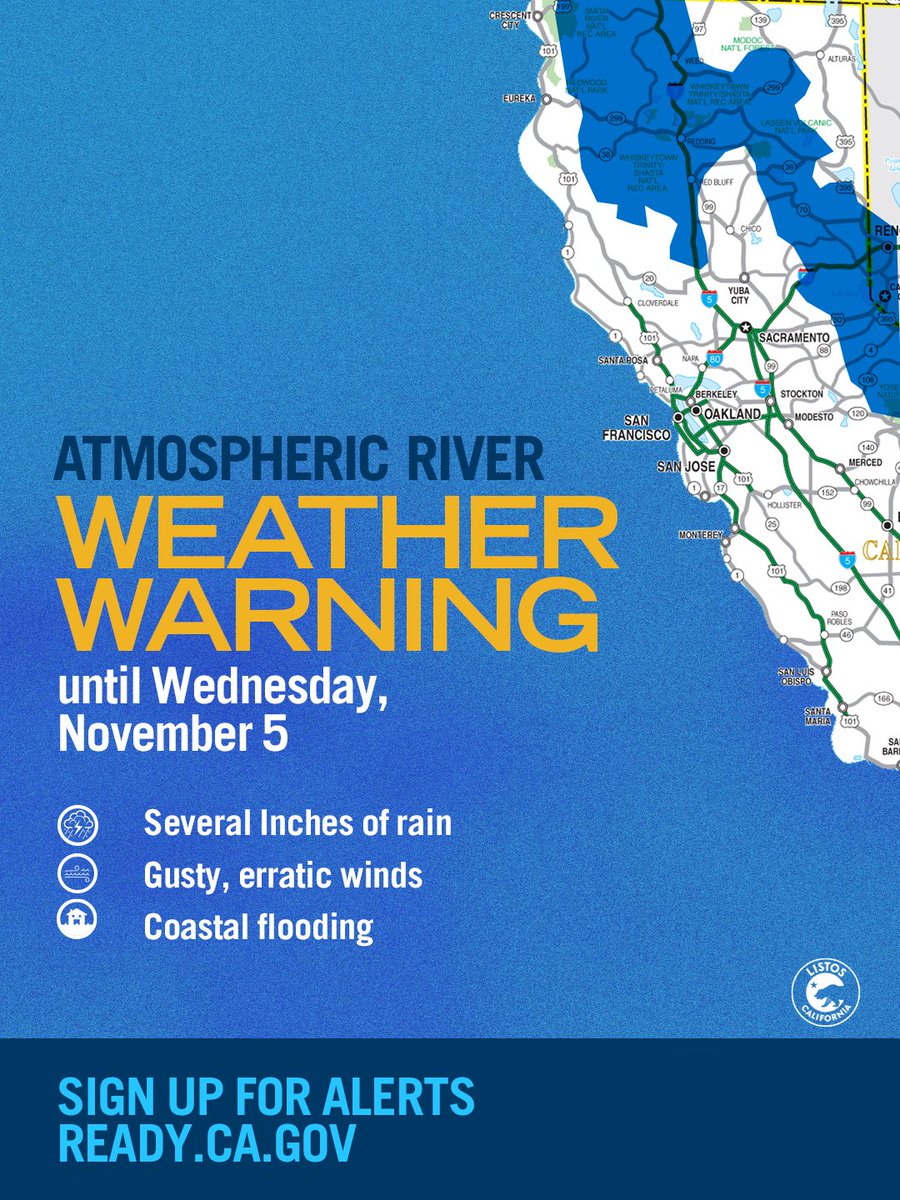 As an atmospheric river moves into Northern California, now is a good time to sign up for emergency alerts at ready.ca.gov #CAwx