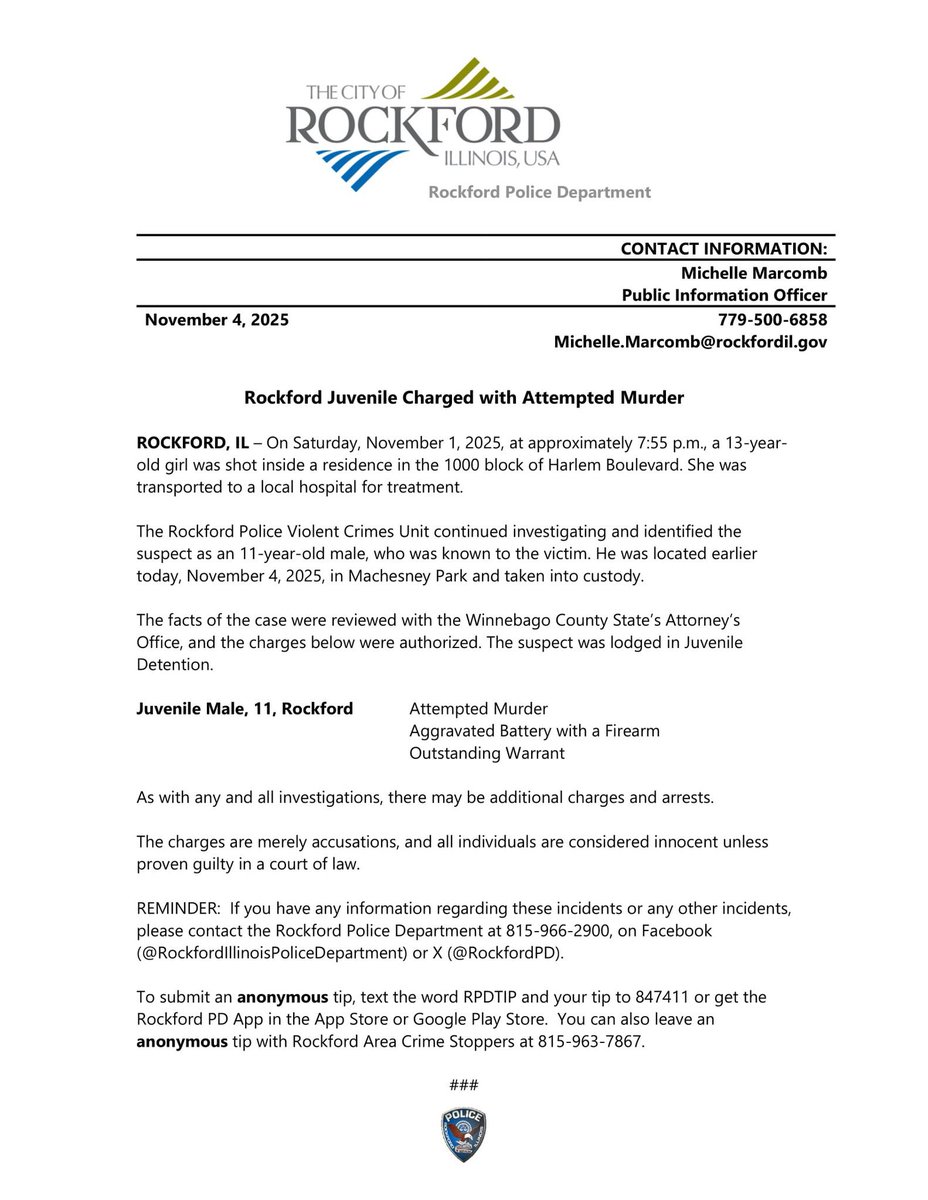 Rockford police: 11-year-old boy is charged with attempted murder and aggravated battery with a firearm in connection with the shooting of a 13-year-old girl Saturday night at the 1000 block of Harlem Blvd. The girl’s injuries are not considered to be life threatening.