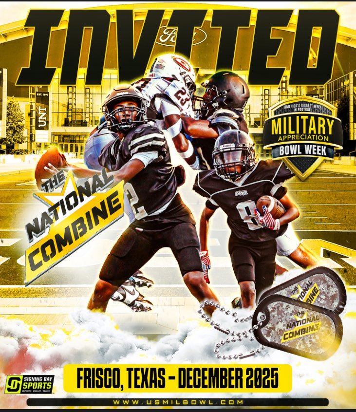 Received my official invite to #TheNationalCombine 
Thank you <a href="/watchgamefilm/">WatchGameFilm.com</a> <a href="/GregCooperUSA/">Sr. Nat’l Director | Military Appreciation Bowl</a> <a href="/ArmyBowlCombine/">USArmyBowlCombine</a>