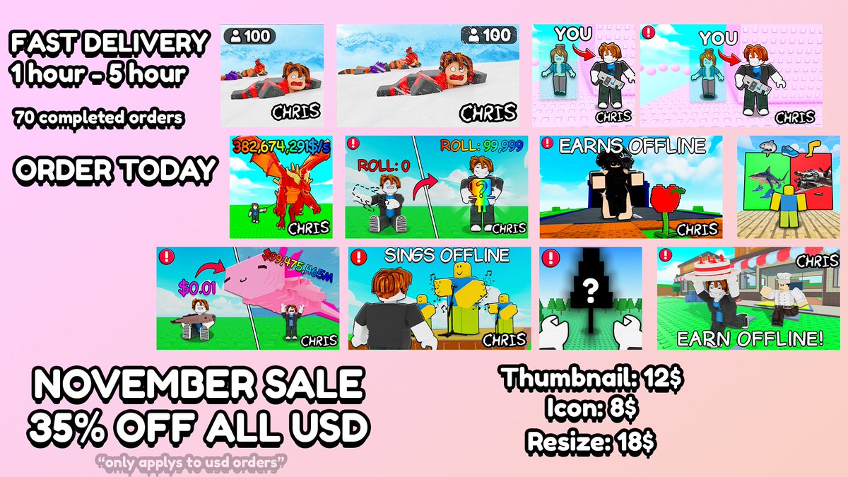NOVEMBER SALE
35% OFF ALL USD ORDERS FOR THE MONTH OF NOVEMBER

Need HIGH CTR/QPTR?
HIRE ME TODAY: 
discord.gg/wybBByTYu9 or DM "FormerlyDOOM." on discord

#RobloxArt #RobloxDev #Roblox #robloxGFX