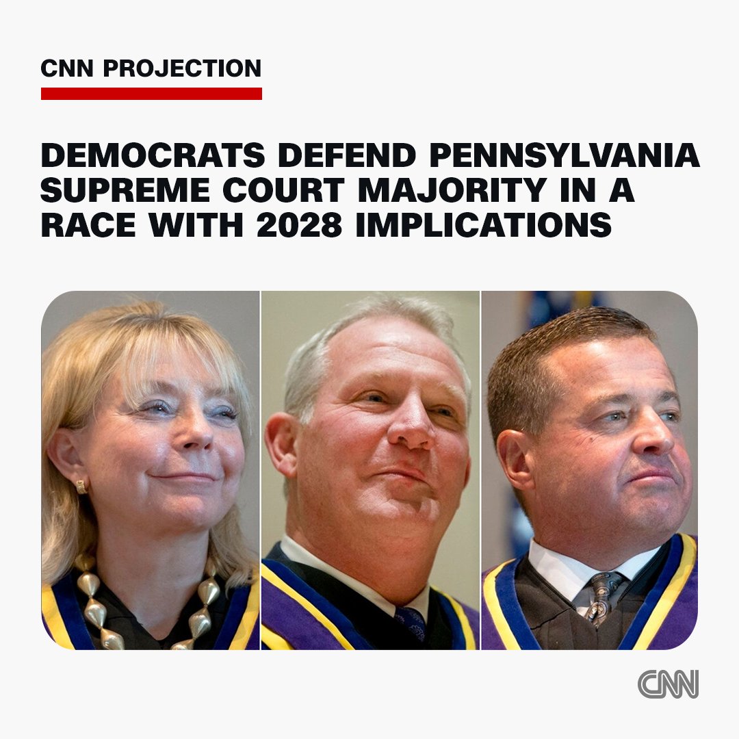 CNN's tweet image. Democrats defend the liberal majority on the Pennsylvania Supreme Court in a race with 2028 implications, CNN projects. Follow live updates. cnn.it/4nG91wa