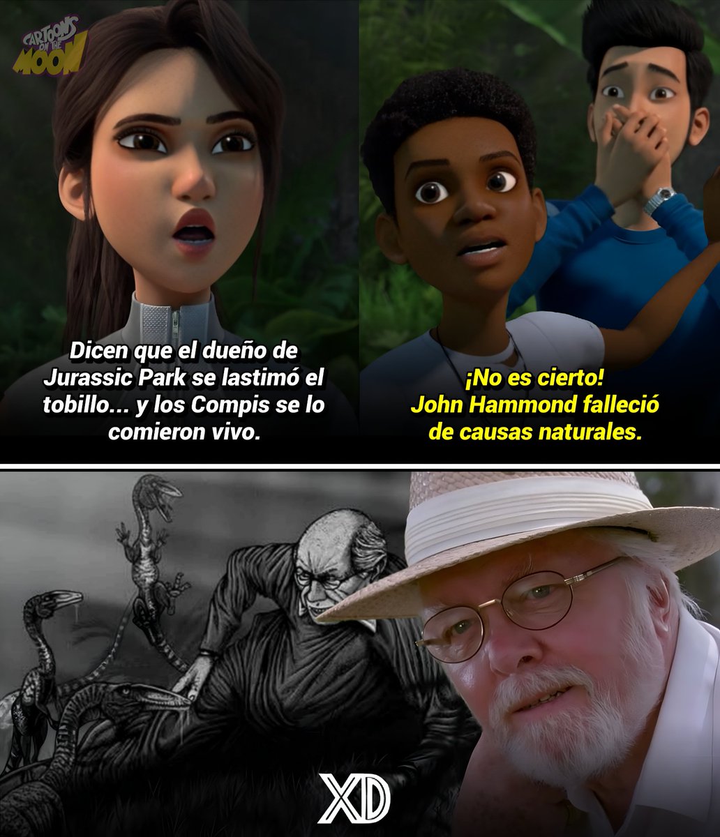 CartoonsOTMoon's tweet image. Un dato animado hasta que salga Beyond The Spider-Verse. Día 101:

En &apos;Jurassic World: Camp Cretaceous&apos; Yaz cree que John Hammond murió a causa de los Compsognathus.

Aunque en las películas su muerte fue por vejez, en los libros, su oscuro destino es el que Yaz mencionó: fue…