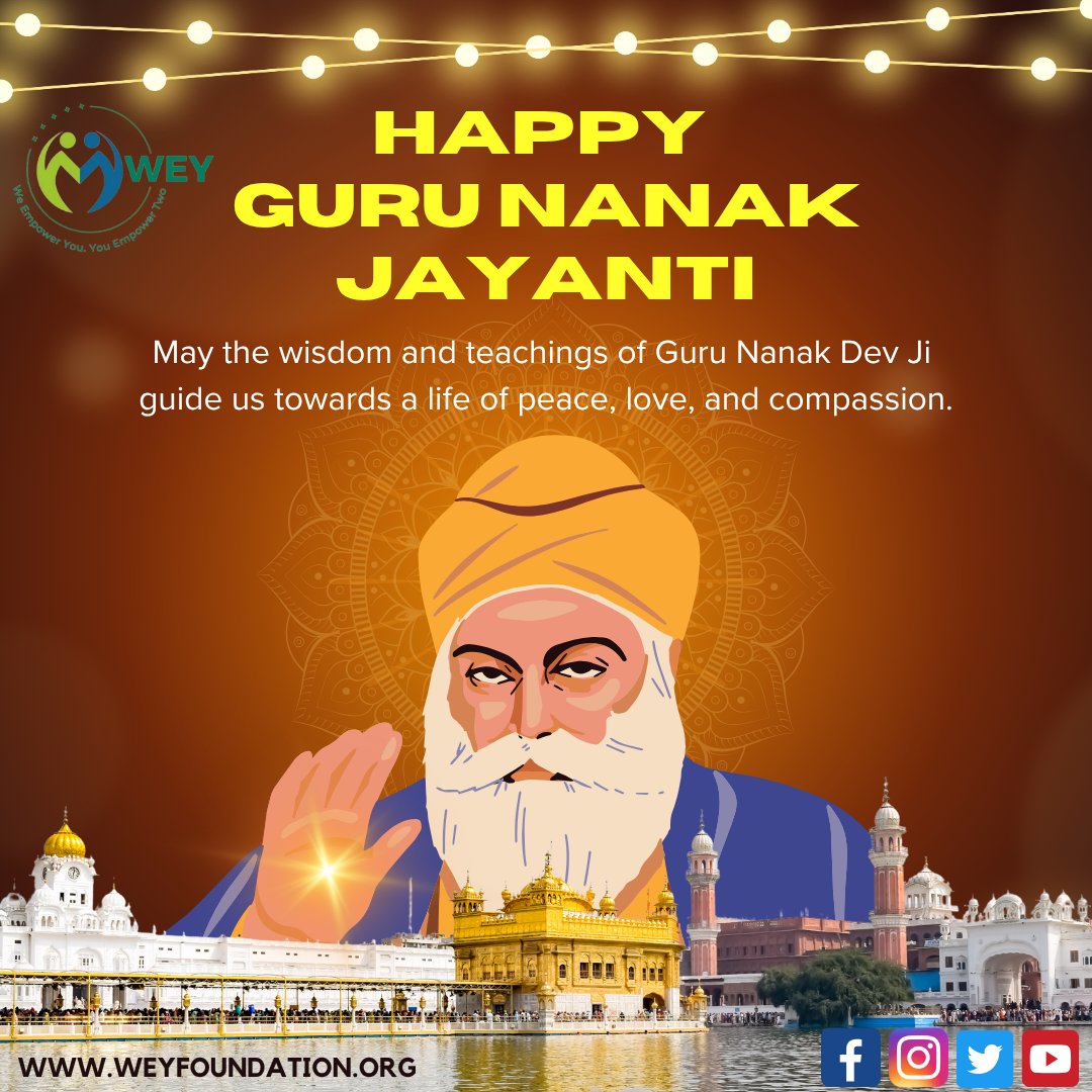🌼 Happy Guru Nanak Jayanti! 🌼
Let’s follow the path of truth, compassion, and equality shown by Guru Nanak Dev Ji.
May his teachings inspire us to serve humanity selflessly. 🙏✨
#GuruNanakJayanti #WeyFoundation #ServeWithCompassion #ngowork #ngo #andheri #mumbai