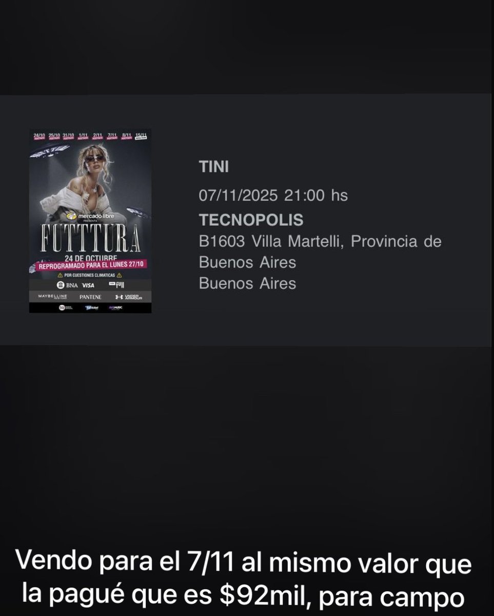 MilyMicieli's tweet photo. Holis vendo una entrada para campo general al mismo precio que la pague! No puedo ir.
Para mayor seguridad me puedo acercar, o le puede puedo enviar el Qr, lo que prefieran!
#futtura #vendoentrada #TiniTwitter #TINI #tini https://t.co/x29U8jZgbZ