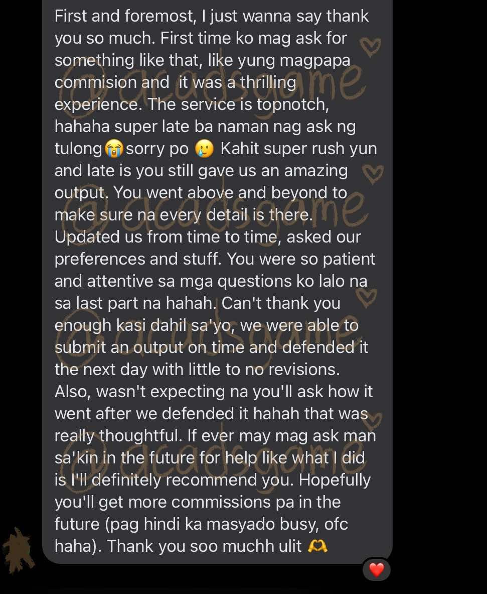 Since I'm officially opening commissions again, I'll just post a feedback I got last week, Oct 29. This was so exciting to make because it resembled a vv concise thesis and I look forward to do more of these! Made it 10PM to 3AM

10.28.25 

Marketing Plan
#macyfeedbacks