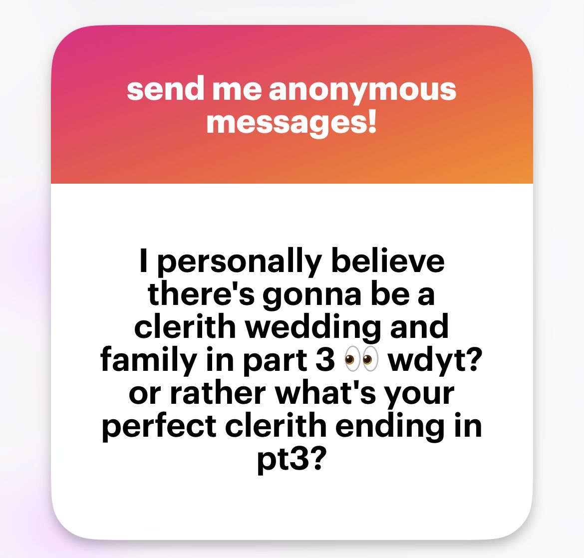 I would love a short future epilogue featuring clerith’s children and clerith’s domestic life but i dont think well get that, so all i want is clerith together, alive, and happy. I dont mind imagining what happens after that