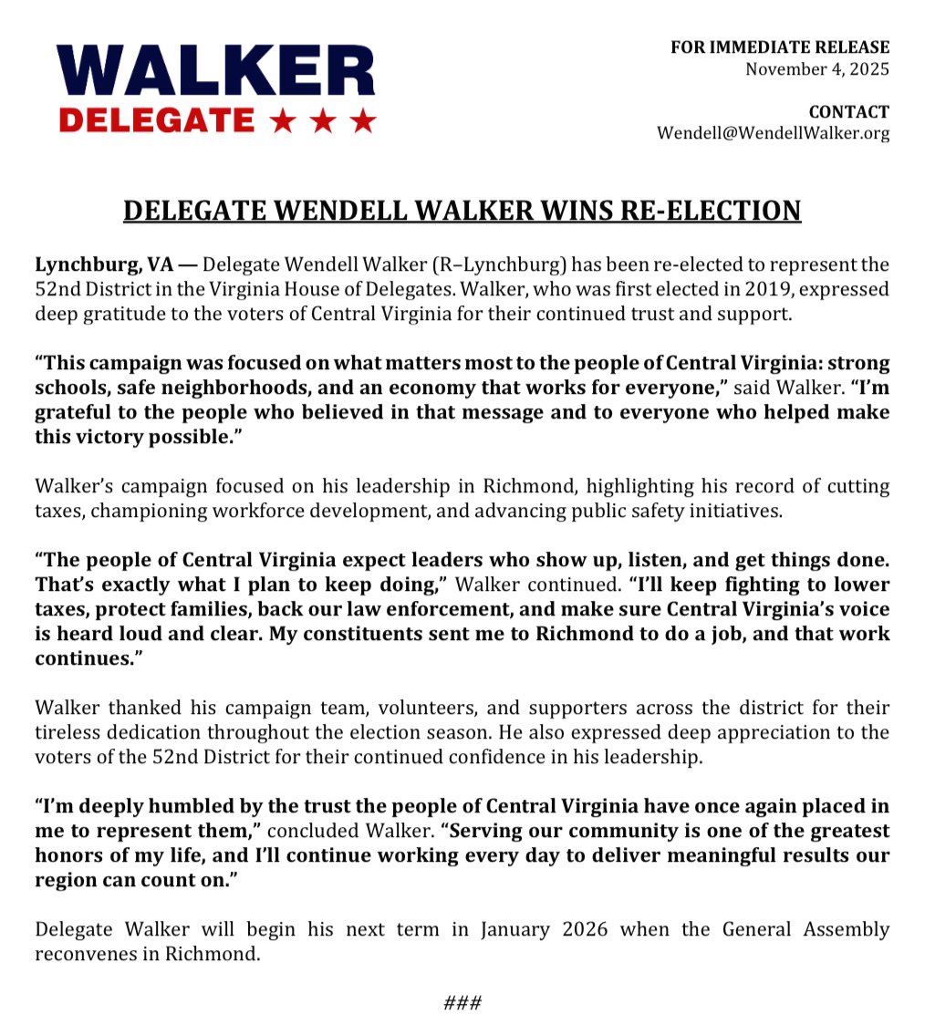 I’m deeply humbled by the trust the people of Central Virginia have once again placed in me to represent House District 52. Thank you to everyone who made this victory possible—let’s get back to work! 🇺🇸