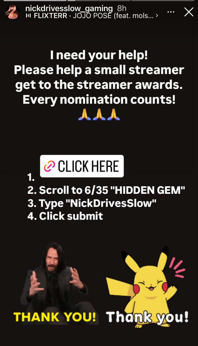 mitchelienamba's tweet photo. Twitch streamer @NickDrivesSlow needs help getting to the Streamer Awards! Click the link and login with your Twitch or Google account. Go to #6 and type in “NickDrivesSlow” and submit. Thanks y’all!

Here is the link: https://t.co/bOu3OywDCB https://t.co/7lVy3Dp2rC