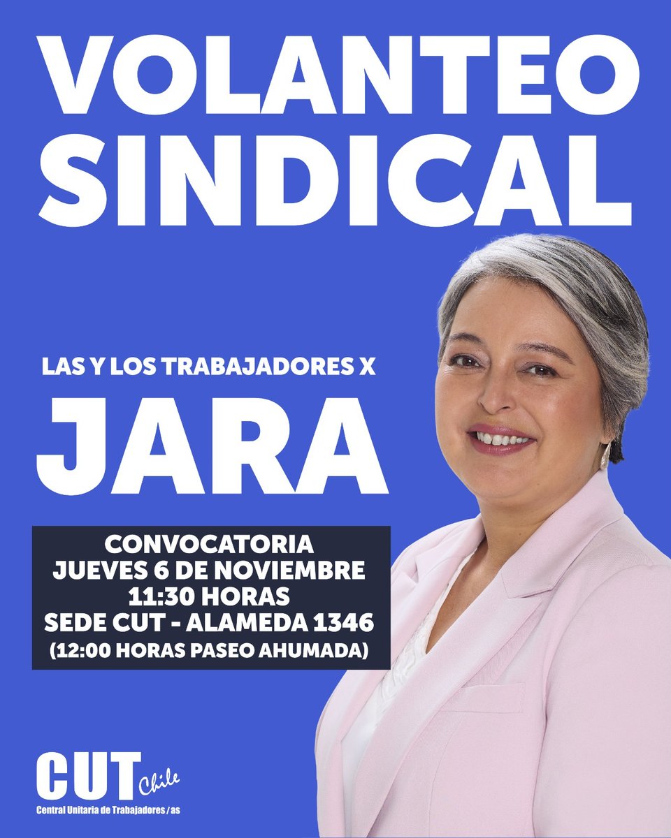 Este jueves 6 de noviembre, las y los trabajadores nos reunimos para apoyar a la candidata que defiende nuestros derechos. Te esperamos en la sede de la CUT (Alameda 1346) a las 11:30 horas. No faltes <a href="/EricCamposBonta/">Eric Campos Sec. General CUT</a> <a href="/JM_Diaz_CUT/">Jose Manuel Diaz</a> <a href="/Pdta_Ajunji/">Silvia Silva</a> <a href="/GabrielaFariasT/">Gabriela Farías</a>  <a href="/david_acuna_/">David Acuña Millahueique</a>