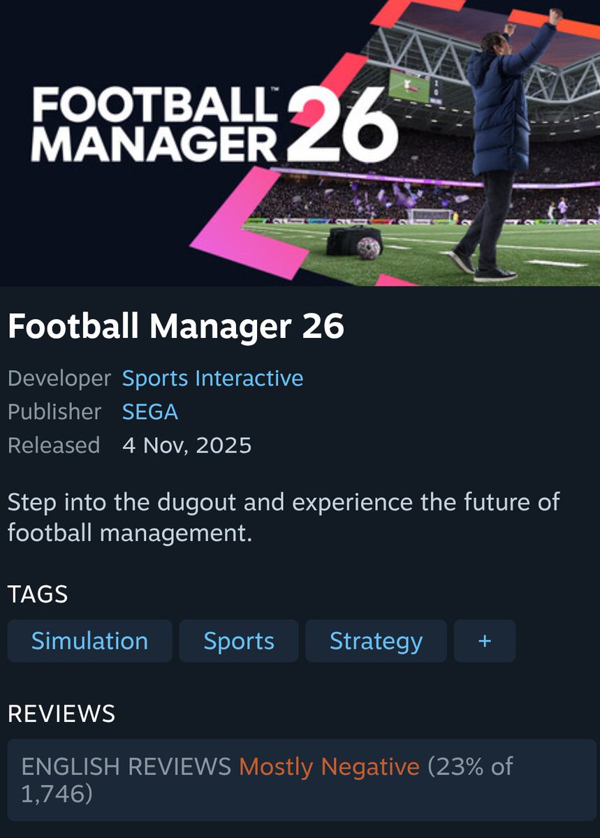 Baru rilis di semua platform termasuk Netflix Games, Football Manager 26 dapet review negatif di Steam 

Menurut kalian para veteran fm gimana sama dampak perubahan engine di game ini?