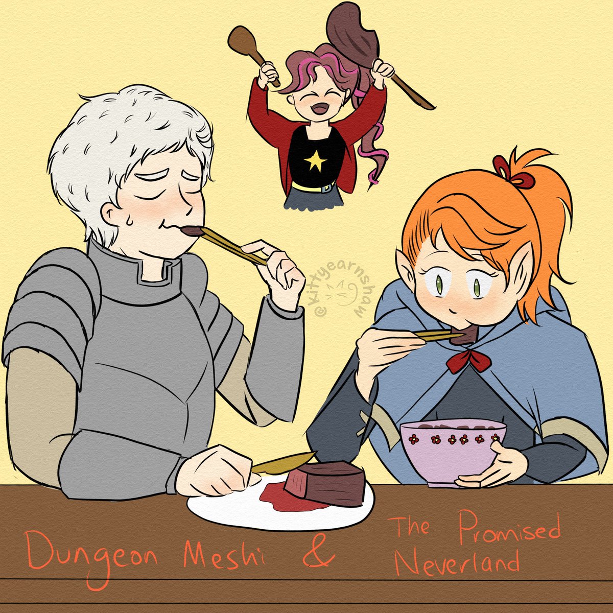 kittyearnshaw's tweet photo. Day 2:
Dungeon Meshi

Emma: Mmm, this tastes delicious! What kind of meat is it? 🤔

Norman: Sometimes it's better not to know 😅

#noremma 
#Norember
 #noremmaweek2025 
#ノマエマ https://t.co/cCo4nUoozL