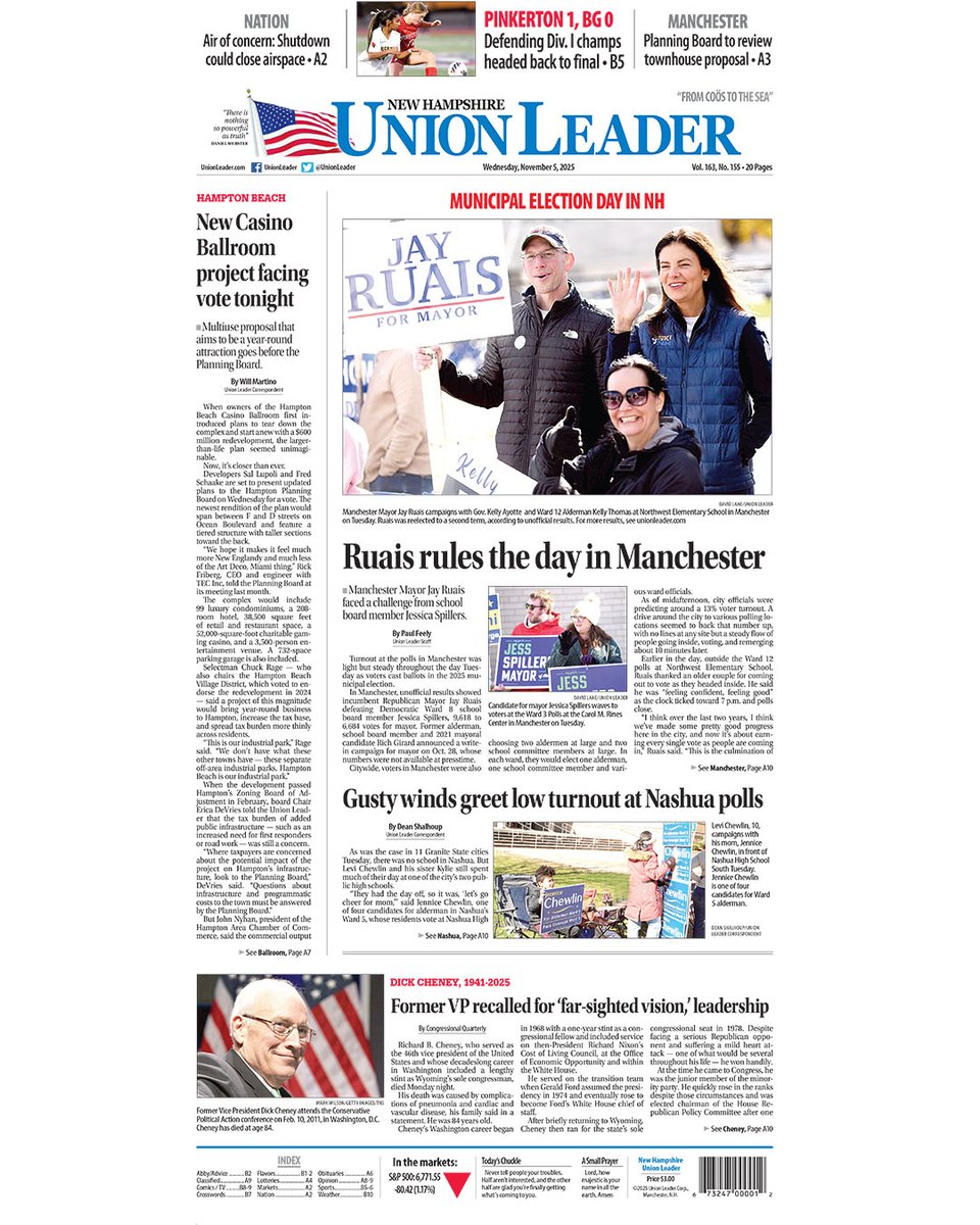UnionLeader's tweet photo. Inside today's paper: NH elections; New Hampton Beach Casino Ballroom goes to Planning Board vote; Murphy's Taproom closes after 19 years in Manchester

For all of these stories and more, visit the link in our profile.

#unionleader #nhunionleader https://t.co/WCjpnHCy3E