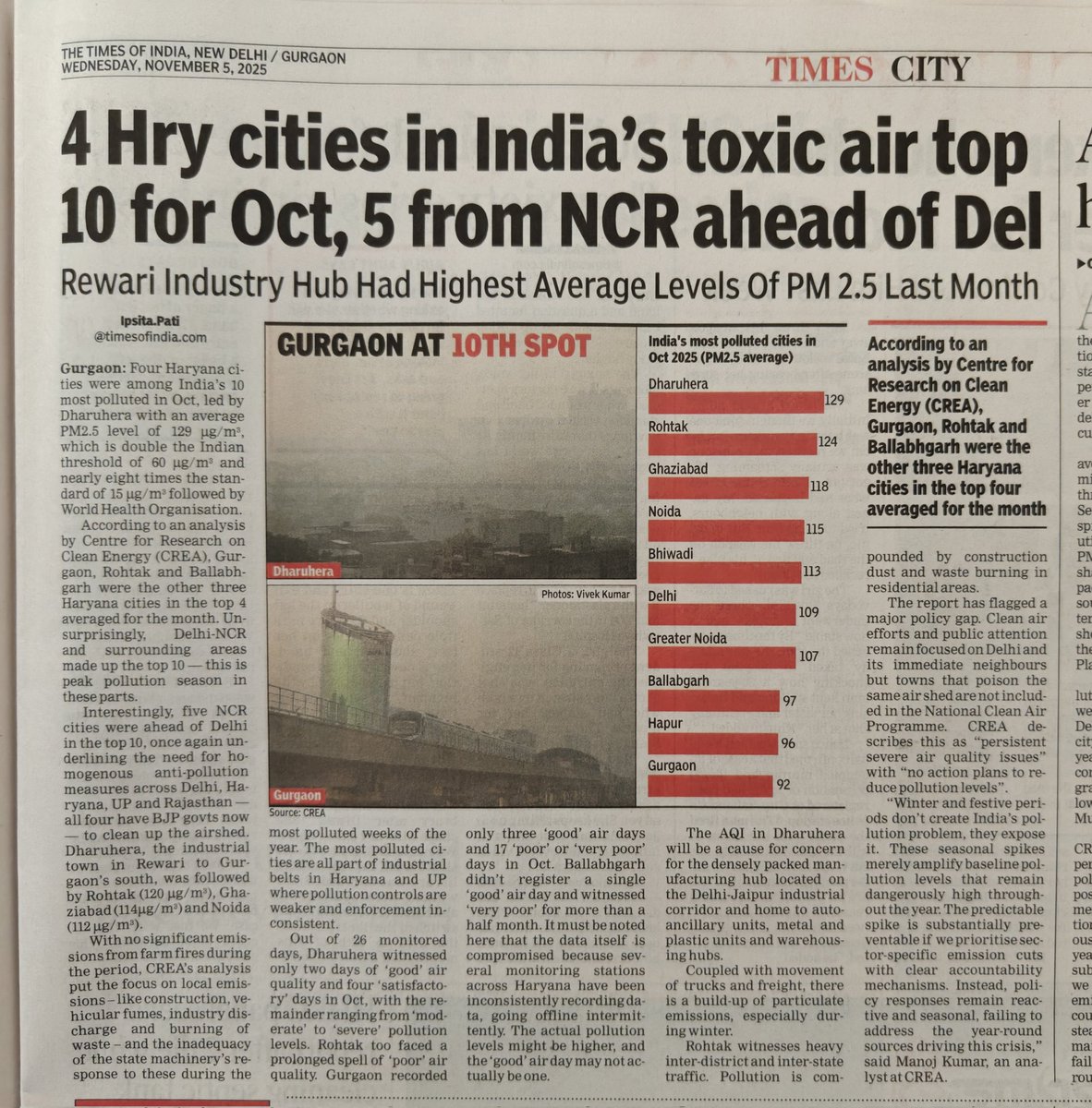 4 Haryana cities in India’s toxic air top 10 for Oct, 5 from NCR ahead of Delhi <a href="/manoj_kumar_nr/">Dr. Manoj Kumar</a>
<a href="/AdvGauravKumar/">Gaurav Kumar Bansal</a> <a href="/lifeindia2016/">Legal Initiative for Forest and Environment</a>
<a href="/rahuulchoudhary/">rahul choudhary</a> <a href="/NGTribunal/">Green Tribunal</a>
<a href="/Sunil_S_Dahiya/">Sunil Dahiya</a> <a href="/BhavreenMK/">Bhavreen Kandhari</a>

timesofindia.indiatimes.com/city/gurgaon/4…