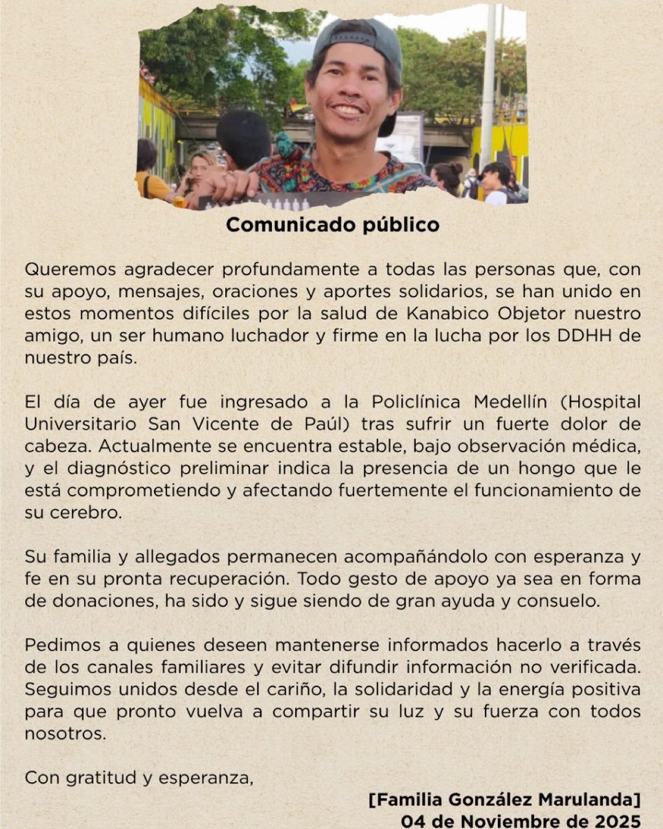 MissPoirot07's tweet image. Hoy la vida nos pone del otro lado:
quien siempre luchó por los demás, hoy necesita de nosotros.

Nuestro compañero Kanabico Objetor (@elantimili) está en UCI y su familia atraviesa un momento muy difícil.
Cada aporte, cada mensaje, cada oración cuenta.

📲 Nequi 3212642160 —…