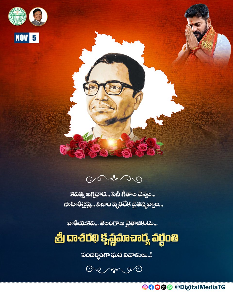 జాతీయకవి... తెలంగాణ వైతాళికుడు... 
శ్రీ దాశరథి కృష్ణమాచార్య వర్ధంతి సందర్భంగా 
ఘన నివాళులు..! 

#DaasarathiKrishnamacharyulu

<a href="/TelanganaCMO/">Telangana CMO</a> <a href="/revanth_anumula/">Revanth Reddy</a> <a href="/OffDSB/">Sridhar Babu Duddilla</a>