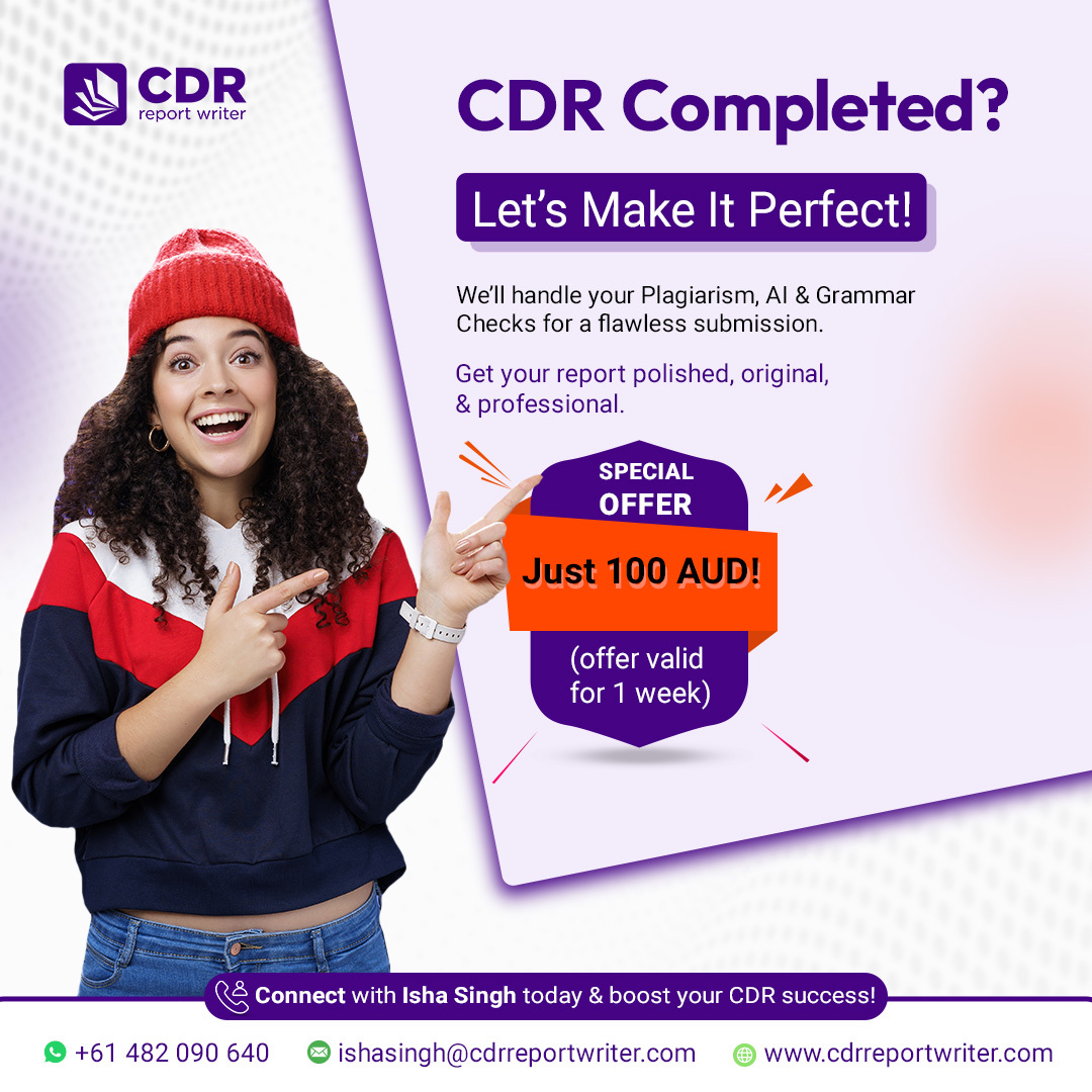 Ishasingh281706's tweet image. CDR Completed? Let’s Make It Perfect!
Special Offer – Just 100 AUD! (Limited Time Only)
Connect with Isha Singh today and boost your CDR success!
Whatsapp=+61 482 090 640
Email : ishasingh@cdrreportwriter.com
#CDRReportWriting #CDRHelp #EngineersAustralia #EngineersAustraliaAsses