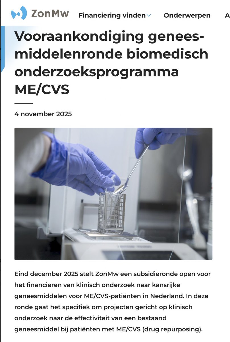 PeeNee2's tweet image. Subsidieronde klinisch onderzoek kansrijke (bestaande) geneesmiddelen #ME #MEcvs patiënten. Opent eind dec 2025.
€ 3,5 miljoen van het amendement @NicoDrost (dus weer 9 ton voor € ZonMw)?
Onderzoek naar niet-medicamenteuze interventies is uitgesloten❗️
zonmw.nl/nl/nieuws/voor…