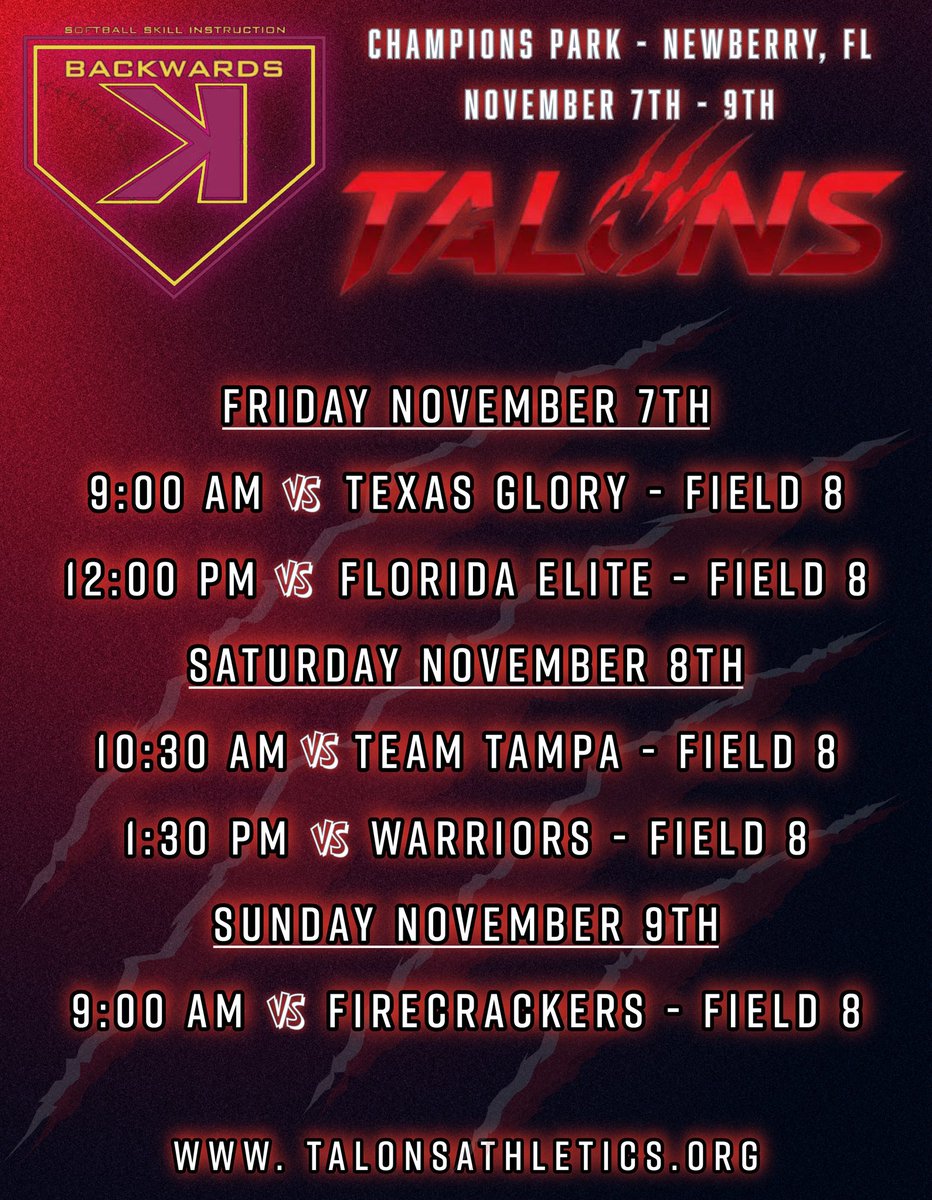 TalonsSoftball's tweet photo. Coaches, we are ready! Swing by Field 8 at @BackwardsKJax and see Talons 2026’s, 2027’s & 2028’s — uncommitted gems ready to shine.
Talent + Heart = Your next commit.🖤❤️
#TalonsAthletics #BackwardsK https://t.co/gv6DabXoag