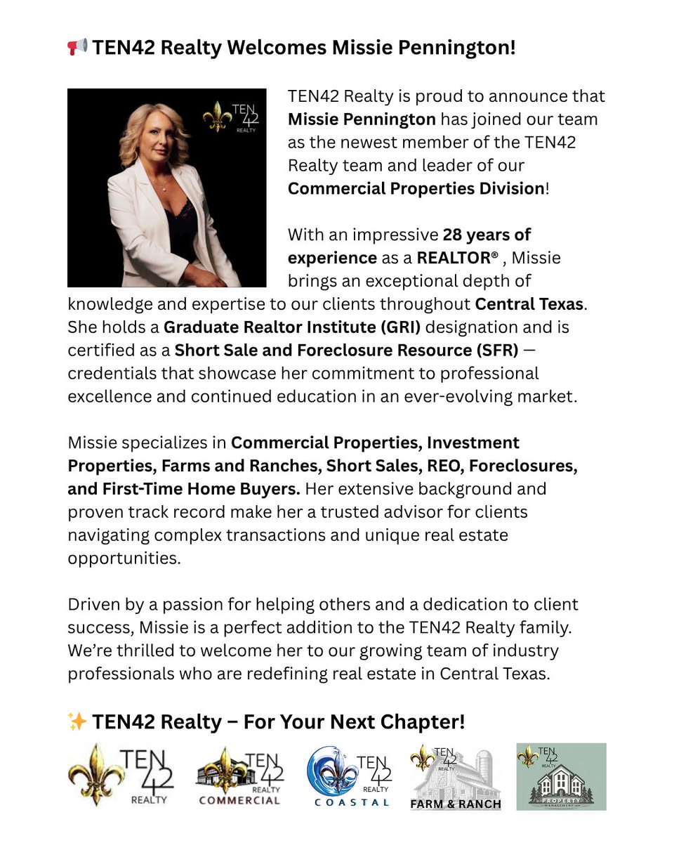 AlanHRealtor's tweet photo. 📢 TEN42 Realty Welcomes Missie Pennington!

TEN42 Realty is proud to announce that Missie Pennington has joined our team as the newest member of the TEN42 Realty team and leader of our Commercial Properties Division!

✨ TEN42 Realty – For Your Next Chapter! https://t.co/tlvINIau2x