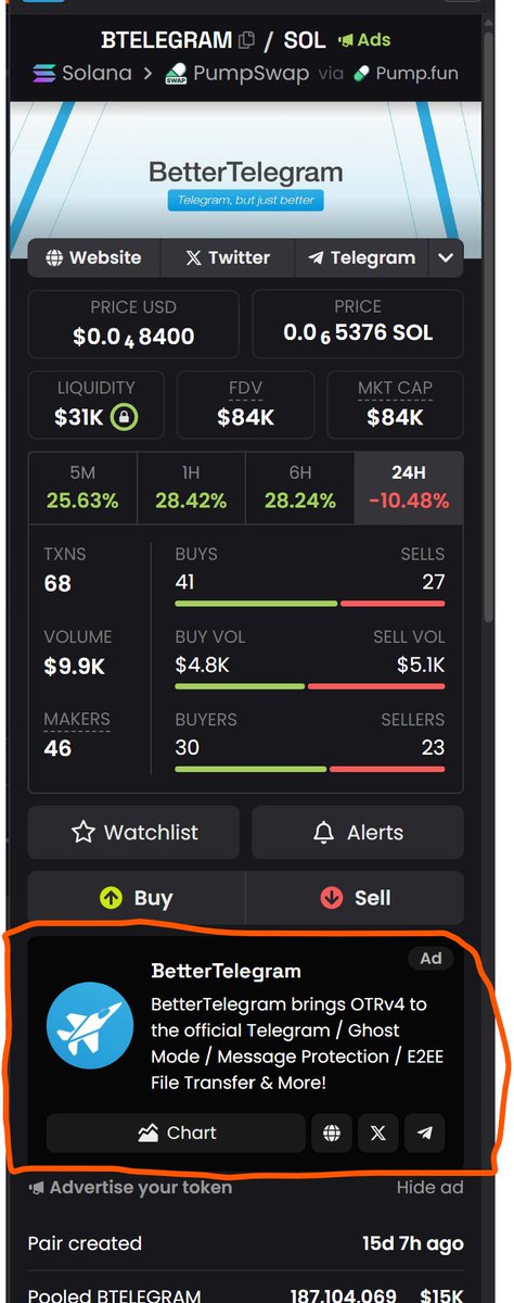 better_telegram's tweet photo. I just purchased the 100K views package on dexscreener. Help me to grow awareness to our project, if youre not talking E2EE on Telegram with $BTELEGRAM (https://t.co/PoOq8JgK2y), then you're missing out! https://t.co/UvH16lla24