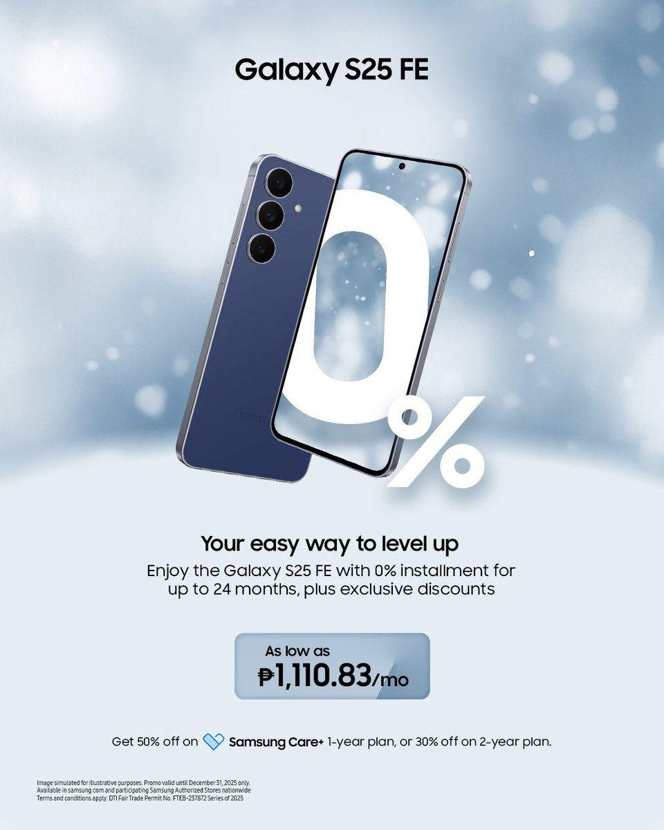 _sienatweets's tweet photo. Capture every unforgettable moment beautifully with the #GalaxyS25 FE. Make it easier to celebrate your way with 0% installments up to 24 months and exclusive holiday offers. 

Promo runs until December 31, 2025 only. #UnforgettableGifting https://t.co/cHdNZ5zLjY