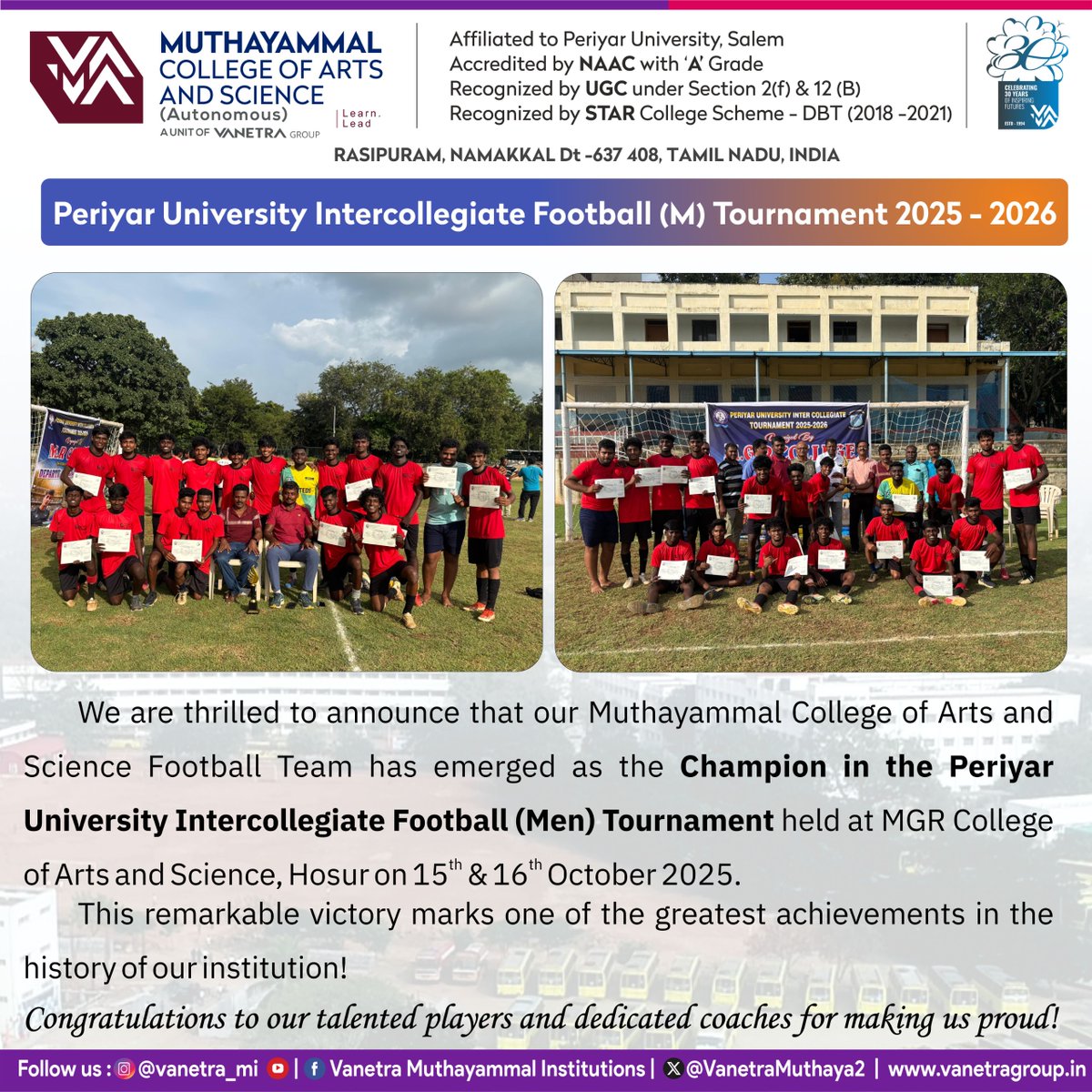 VanetraMuthaya2's tweet image. 🏆 MCAS Football Team crowned Champions of the Periyar Univ Intercollegiate Football (M) Tournament 2025-26 at MGR College, Hosur! ⚽💙
A proud moment in our history!

#MCAS #FootballChampions #PeriyarUniversity #VictoryVibes #ProudMoment #CollegeEvents  #YouthPower #MCASPride