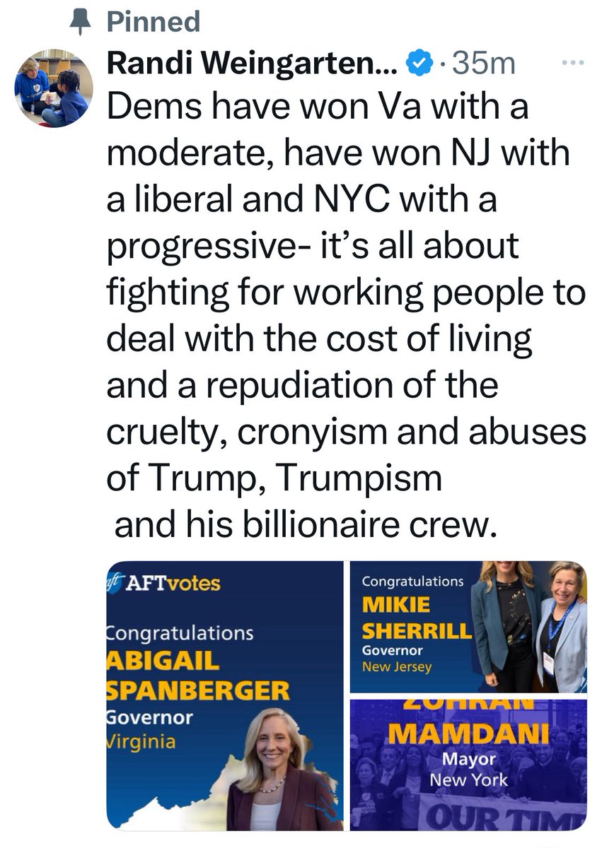 JuliewithPALs's tweet image. Look who is celebrating the leftists wins in America, including a Socialist in NYC. It’s none other than Randi Winegarden head of one of the largest teachers’ union in America. This should scream to good teachers in America to leave their unions and join @Freedom4Teachrs.