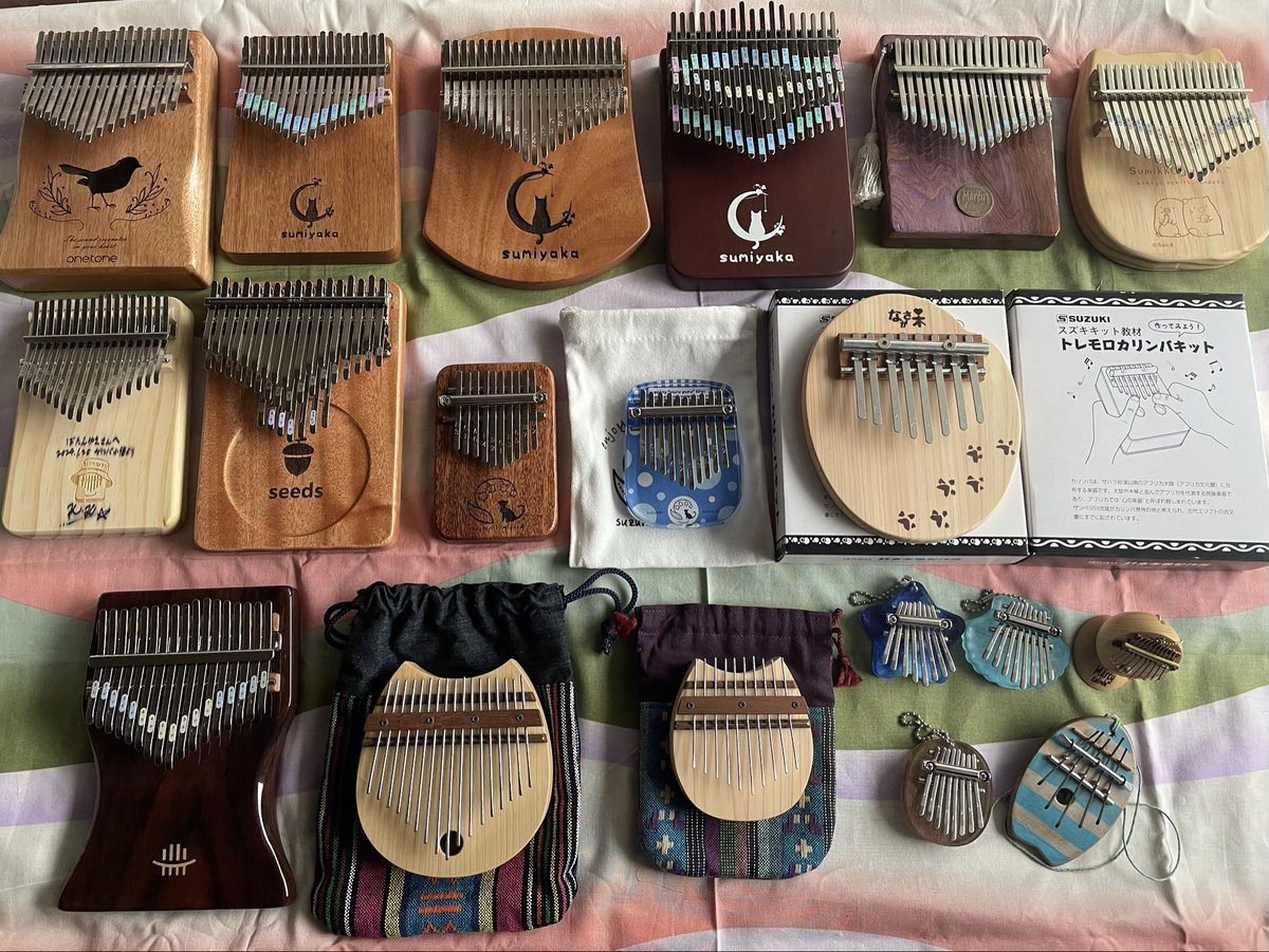 カリンバの祭典の余韻がなかなか消えないので、久しぶりにカリンバ全員集合写真やってみました。20台ありました。実家にも１台置いてあるので全21台。ずいぶん増えました😳
そして、購入から2年も経つのにいまだに作成されていないトレモロカリンバキット…🤣🤣🤣今年中には作ろうかな。