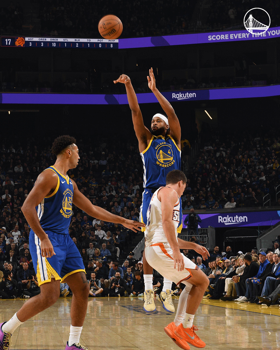warriors's tweet photo. Moving on up 📈

Moses Moody has hit his 300th career 3-pointer to pass Dorell Wright for 18th in Warriors history. https://t.co/U3nXOufoPw
