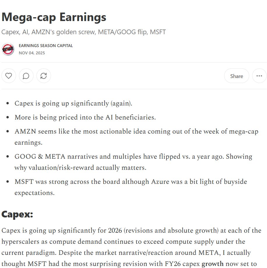 CapitalCold's tweet photo. Some thoughts post mega-cap tech earnings... I think $AMZN is the most actionable idea of the group. https://t.co/2eE7yD9bol