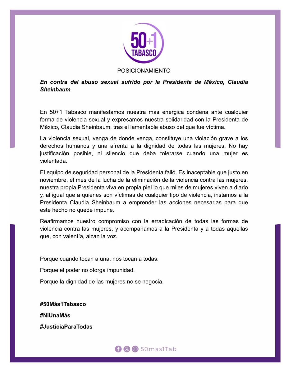 50mas1Tab's tweet image. Es inadmisible que nuestra Presidenta sea víctima de abuso mientras realiza su labor pública.
 ¡Basta de normalizar la violencia de género!
Nuestra sororidad con la Presidenta @Claudiashein y miles de mujeres, niñas y adolescentes que a diario son víctimas de estos abusadores.