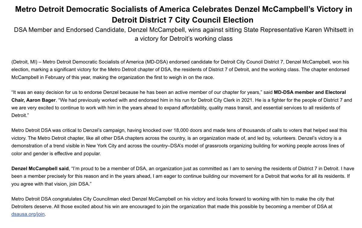 Detroit's Democratic Socialists of America are declaring victory for Denzel McCampbell in Detroit's District 7 City Council election. McCampbell defeated state Rep. Karen Whitsett, who has defended conservative positions and worked closely with Michigan Republicans in Lansing.