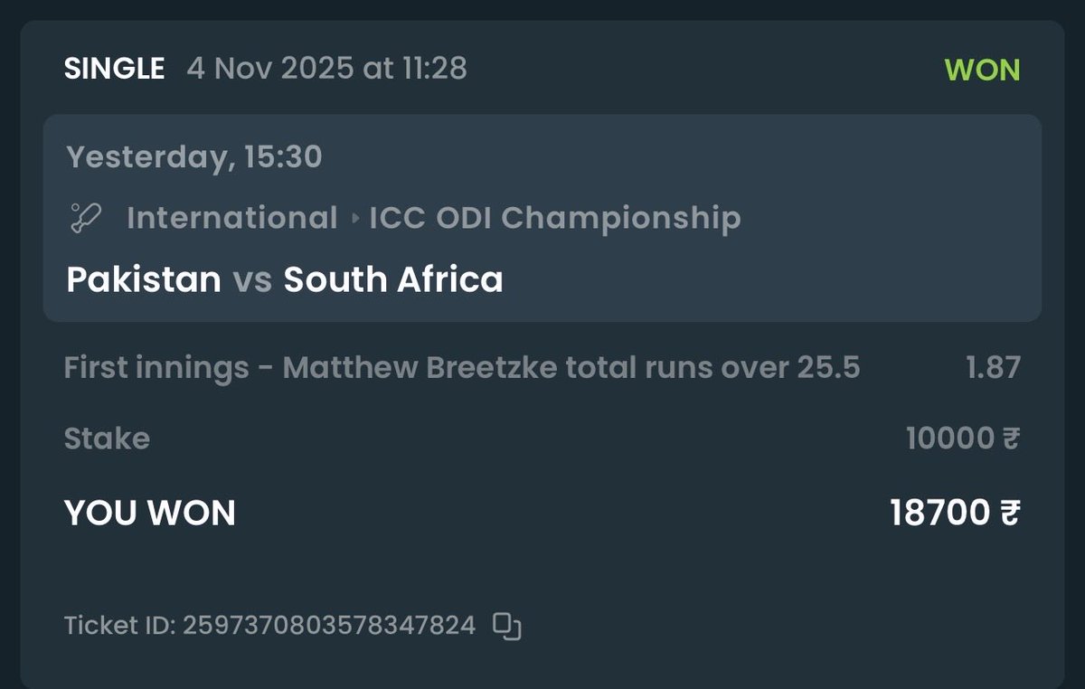 ConsistencyTra's tweet photo. Won✅. Play my bets And log out your betting account and repeat this again.
Join Telegram For fast updates- https://t.co/qLOChMHSxA
In betting Discipline only matter✅
#CricketNews #PAKvs https://t.co/D8FECJ6mG3