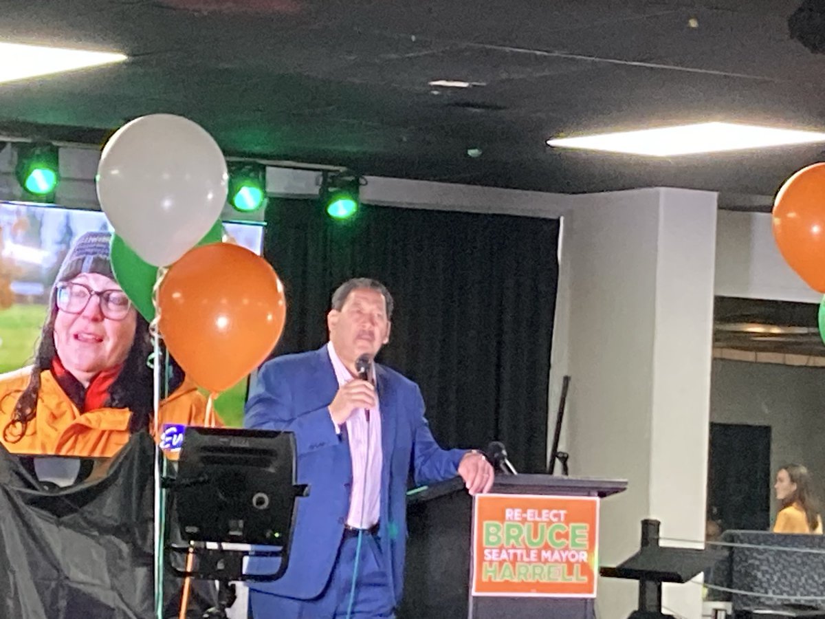 Five minutes before ballots drop in Seattle, Mayor Bruce Harrell thanks his supporters with “love” and with a prayer. “I have to be honest, this is a little nerve racking for me,” he said. (Heard It Through the Grapevine plays in the background.